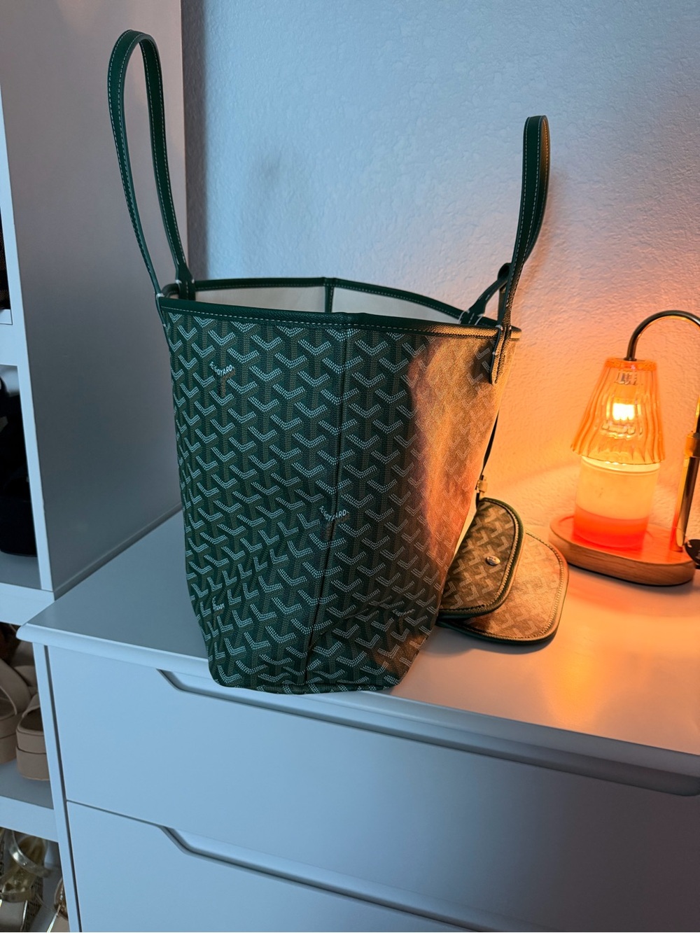 Green Patterned Tote Bag with Matching Pouch - Classic Elegant Tote - Picture 3 of 4
